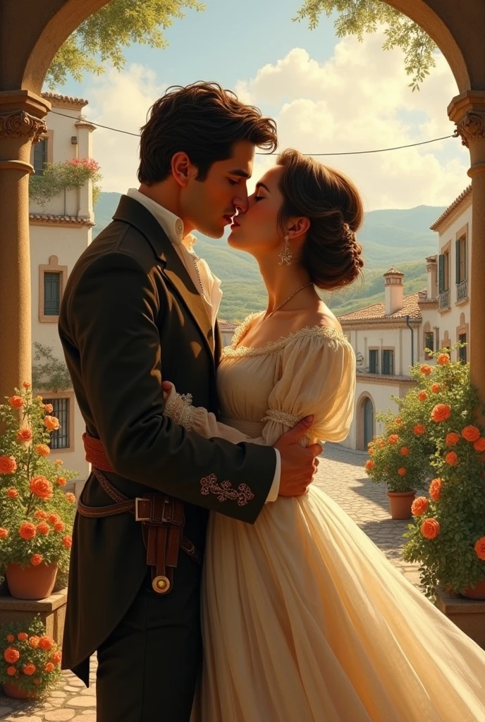 A handsome boy naps a pretty girl in colonial times 