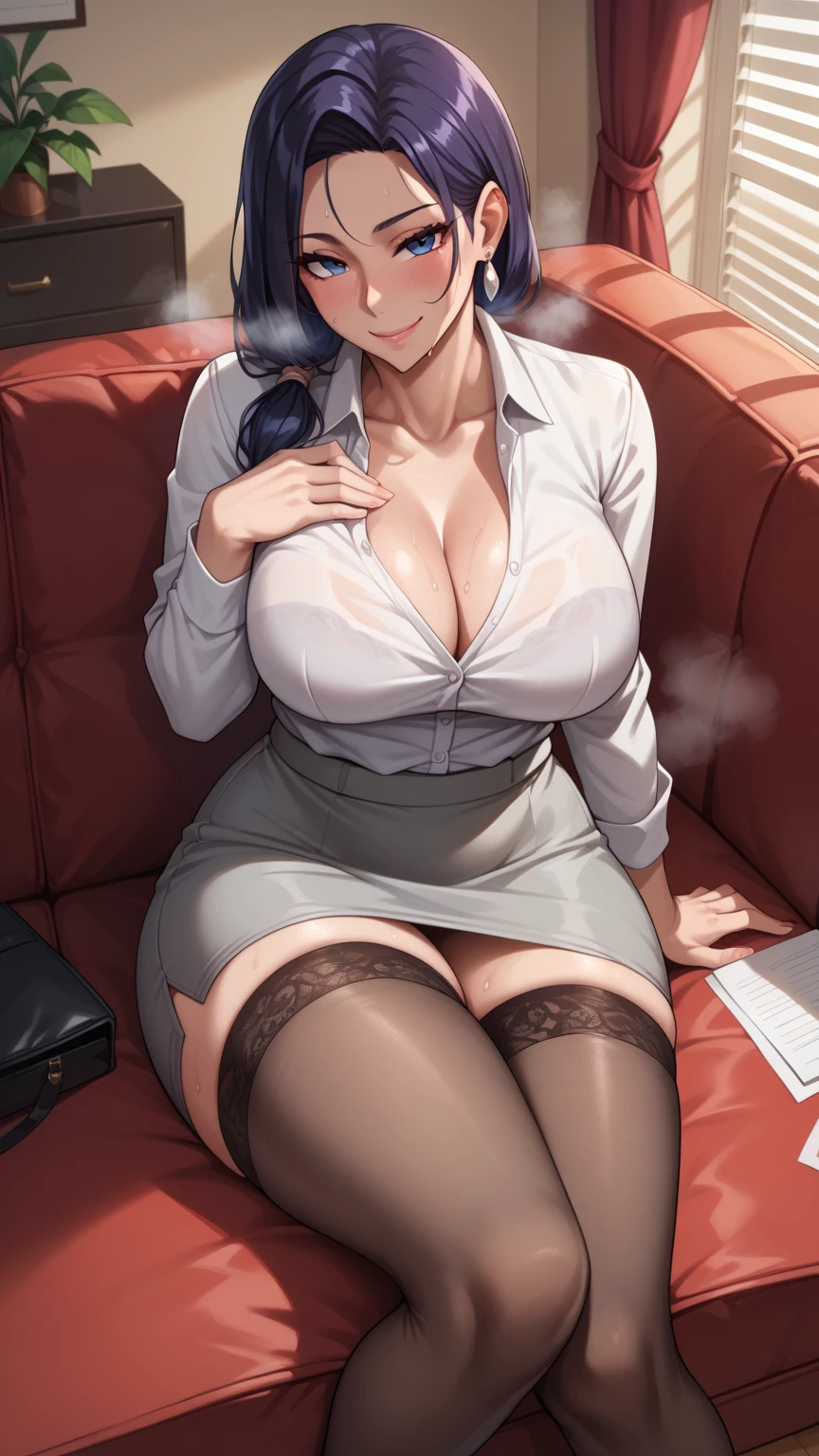 ((Correct Anatomy)),((Sit in an office chair)),((Cross your legs)),((((Black Stockings)))),((Beautiful feet)),((A shy smile)),((Lacy white panties)),((Office Costume)),((White blouse)),((Office Uniforms)),((Pleated mini skirt)),Ultra-high resolution,Mature Woman, Mature Woman, Very detailed,Extremely fine skin,Beautiful Skin,((Sweating all over the body)),(Big Breasts),((Beautiful legs)),Perfect hands, Detailed fingers, Beautiful details, ((Beautiful Hair)),Black choker, Earrings,High heels,High rise office building,Perfect Eyes, Captivating eyes