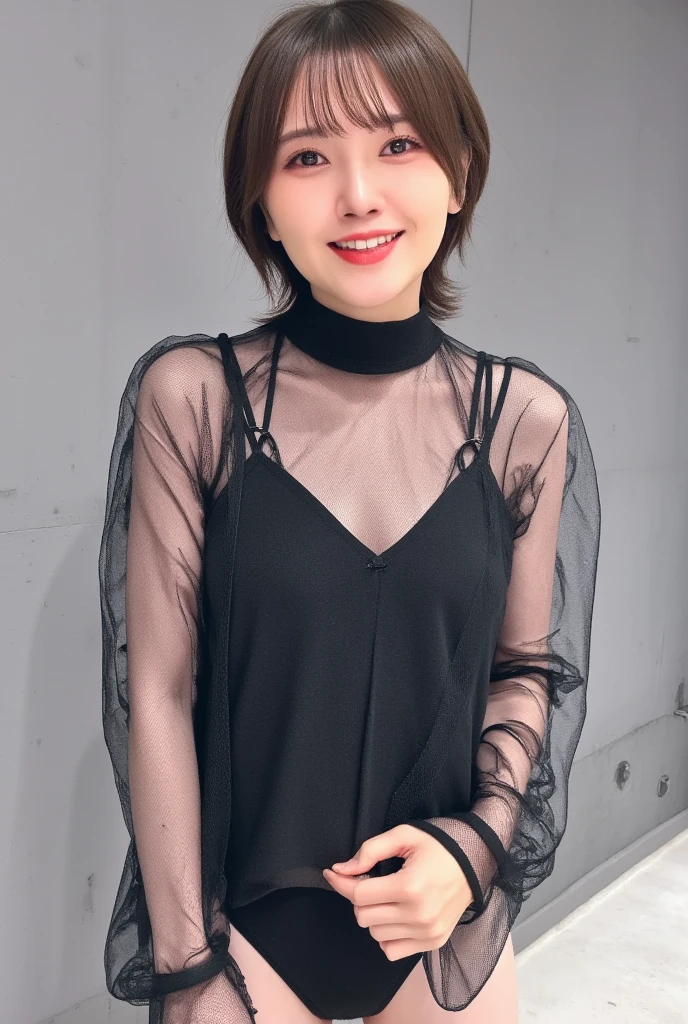 8k, RAW Photo, Best Quality, Masterpiece:1.2),(Realistic, photo-realistic:1.37), Super Detail, She is wearing tight thin fitting transparent black long sleeve turtleneck , no pants, transparent black pantyhose, cinematic lighting, ecstacy face, monotone background, facing front, smile, face close-up highlighting, dressed up to the belly button, dressed up to the neck
