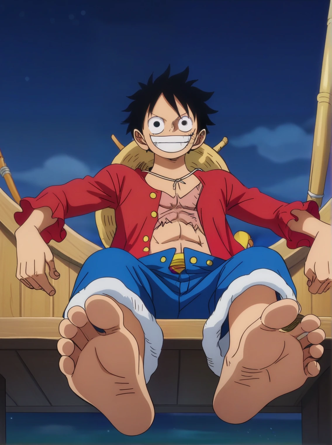 score_9, score_8_up, source_anime,
1boy, Monkey D. Luffy, black messy hair, wide smile, scar under left eye, red vest, open front, blue shorts, on the boat, sitting, night, looking at viewer, cheerful expression, cowboy shot, ANIME SCREENCAP, anime coloring, barefoot, perfect feet, anatomically correct, soles, low angle, focal length 35mm, each foot has five toes, front, symmetrical soles, foot focus