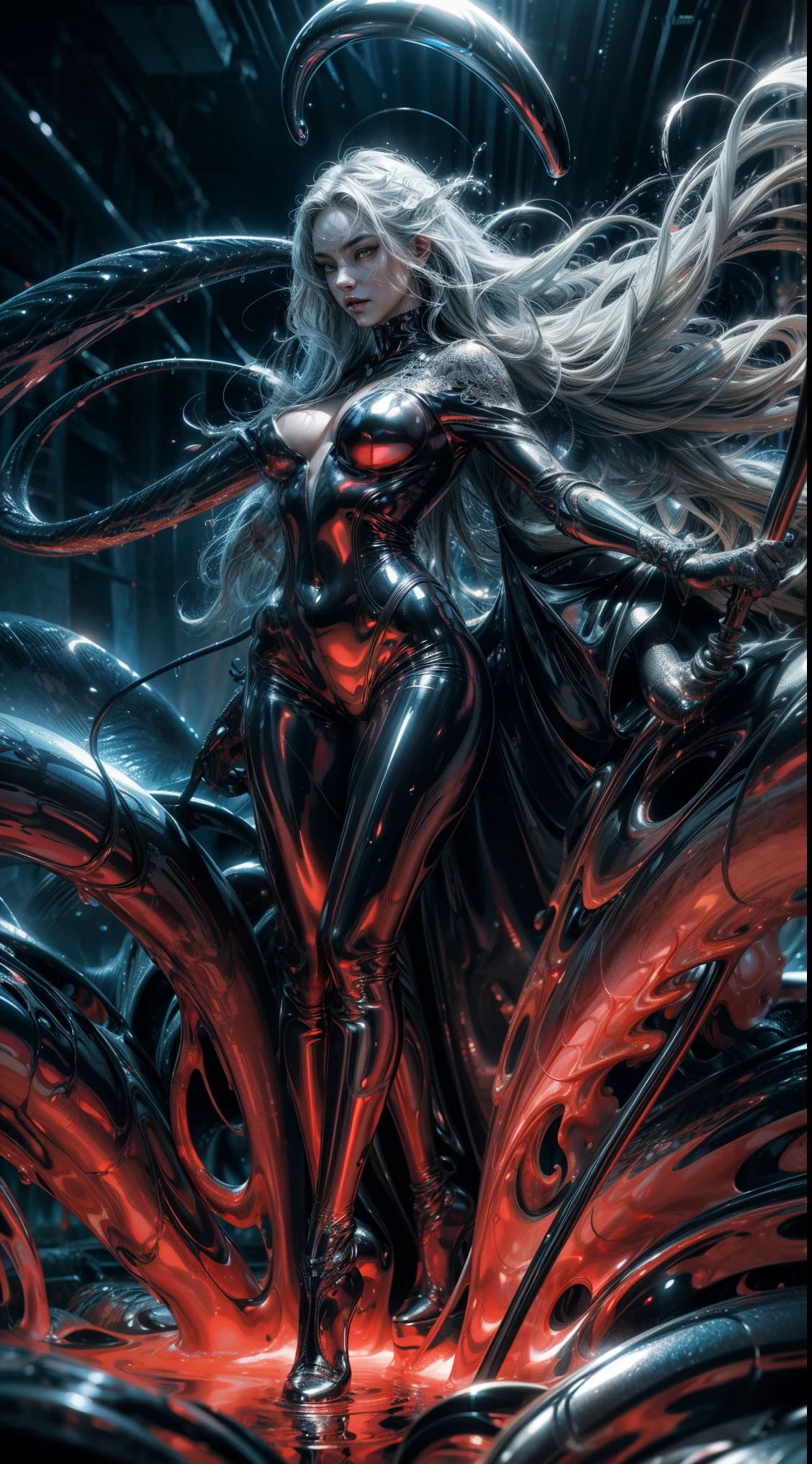 a woman with white hair and red eyes in a black cat suit, chris moore. artgerm, black cat, john watkiss, lolth, artgerm greg rutkowski _ greg, artgerm and patrick demarchelier, style of raymond swanland, perfect drow, inspired by Jeffrey Catherine Jones, villainess, artgerm comic