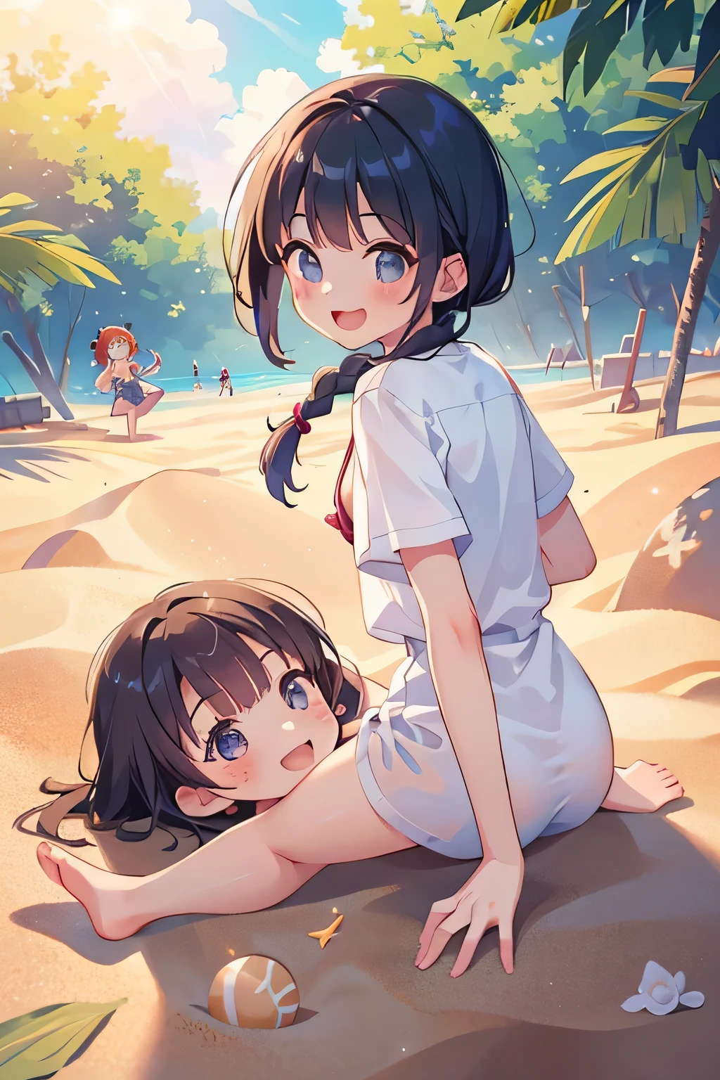 ,(masterpiece,Highest quality, Super detailed) Two 12 year old girls naked making love、Beach、、Girl、Completely naked、The private parts are visible、hug、kiss、Lesbian、smile、Modest chest、full body