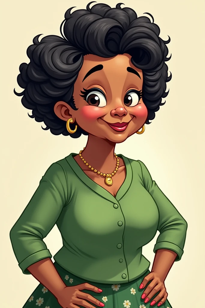 Cartoon short woman ,  light black skin ,  sleeves black hair with curled curlers like Mrs. Florinda, 60 years,  green dress with 3 /4 and printed skirt 