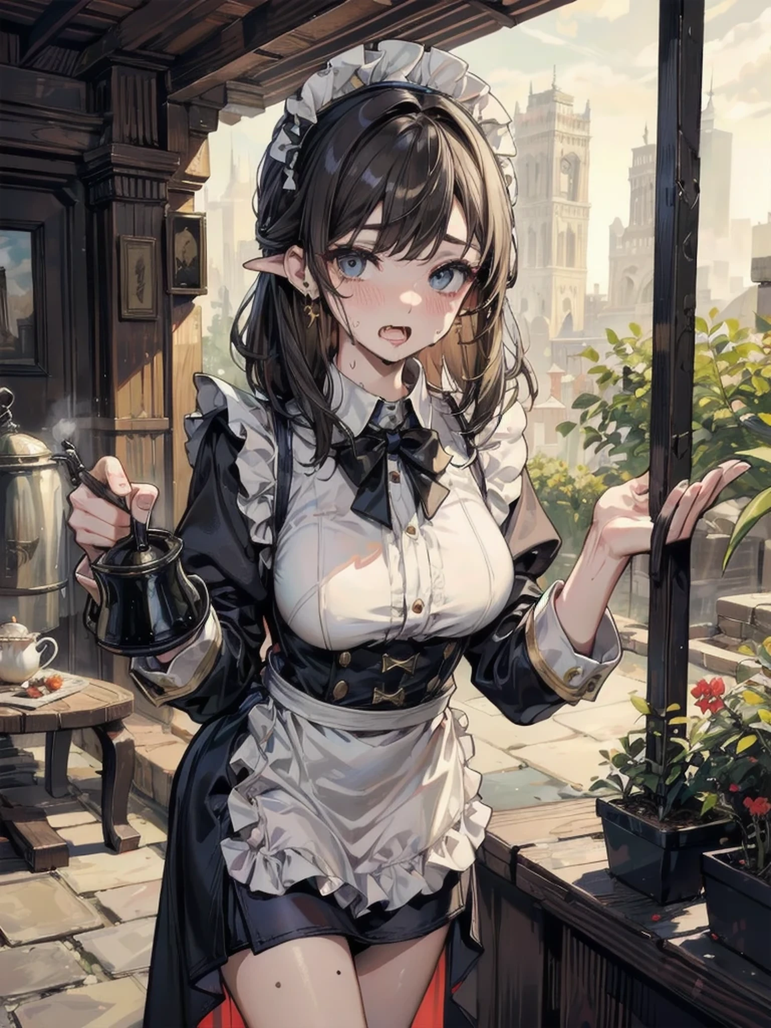 masterpiece,best quality,1girl,solo,medium breasts,wide hips,marcille donato,elf,pointy ears,blonde hair,long hair,twin braids,green eyes,forehead,maid,maid headdress,maid apron,black dress,frills,thighhighs,bow,cleavage,neck ribbon,puffy sleeves,white thighhighs,smile,holding tray,cafe,indoors,<lora:Concept-control tool-add_detail-CyberAIchemist:0.7>,<lora:CHAR-Delicious in Dungeon-Marcille Donato-v1-AI_popai:0.7>,