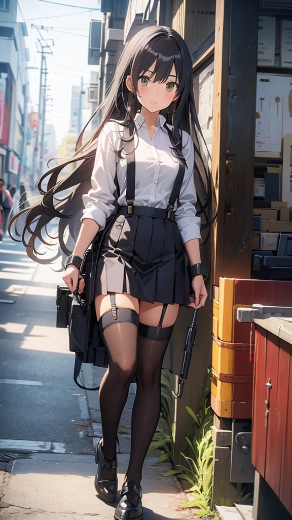 suspender gun holster longhair japanesewoman skirt handcuffed Nīhai gātāberuto Long socks garter belt animegirl backhandcuffed
