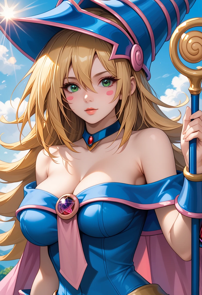 straight-on,pose,looking at viewer,solo, BREAK,ANIME_dark_magician_girl_YuGiOh_ownwaifu, www.ownwaifu.com, blonde hair, long hair, dark magician girl,breasts, hair between eyes, medium breasts, blue eyes, bangs, collarbone, spiked hair, blush stickers, large breasts, green eyes, bare shoulders, blue headwear, choker, duel monster, hat, wizard hat, cleavage, blue leotard, jewelry, gem, necktie, star \(symbol\), vambraces, pentacle, bracer,pelvic_curtain,hexagram, holding, holding wand, staff, wand, (extremely detailed fine touch:1.2), (natural light, sun light, light rays, dappled light, ray tracing:1.2), masterpiece, best quality, highly quality ,