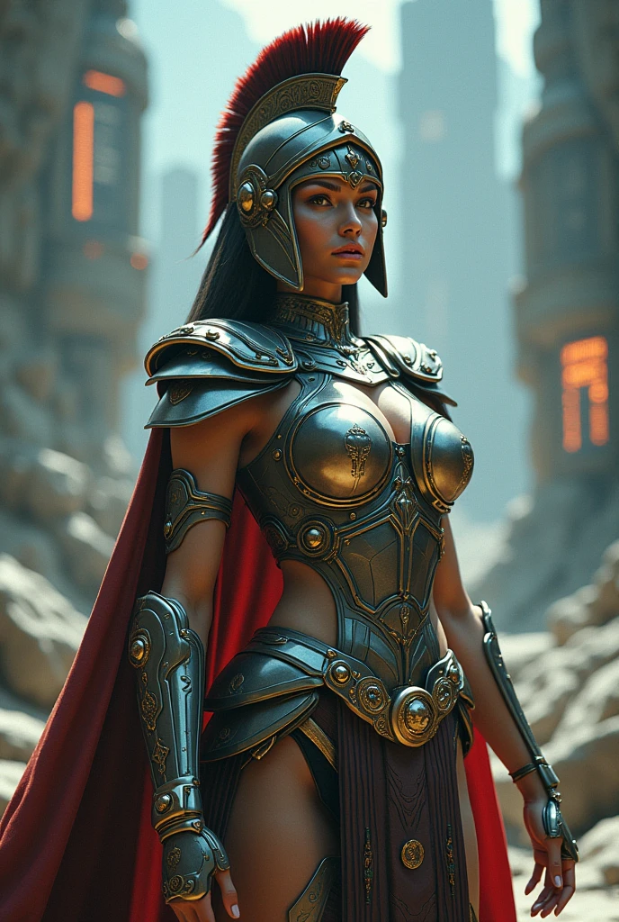Highly detailed female characters in a team-based action-shooting video game、Job title: Tank、Holds a shield with Medusa design、Exquisitely detailed muscular body、Broad shoulders、Thick chest、Toned Abs、Developed thigh muscles、Beautifully detailed face、Very short hair、Pink gold color scheme、Heavy Armor、Tactical Helmet、Morning star、Concept Art、Intricate details、Hyperrealistic、8k、Highest quality、Photorealistic、masterpiece