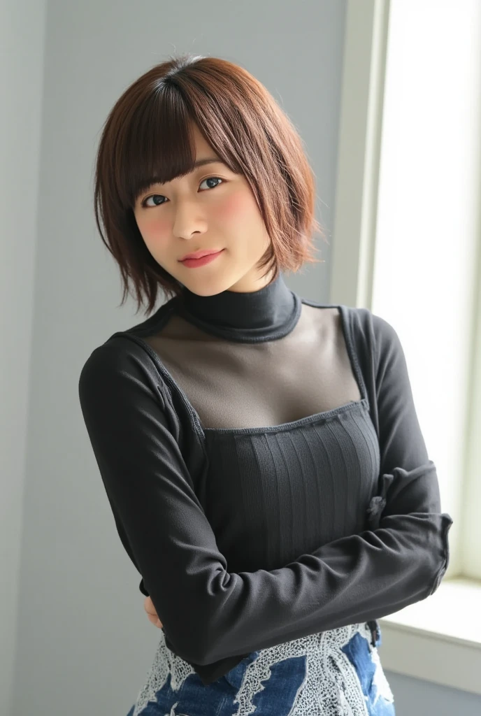 8k, RAW Photo, Best Quality, Masterpiece:1.2),(Realistic, photo-realistic:1.37), Super Detail, She is wearing tight thin fitting transparent black long sleeve turtleneck , no pants, transparent black pantyhose, cinematic lighting, ecstacy face, monotone background, facing front, smile, face close-up highlighting, dressed up to the belly button, dressed up to the neck
