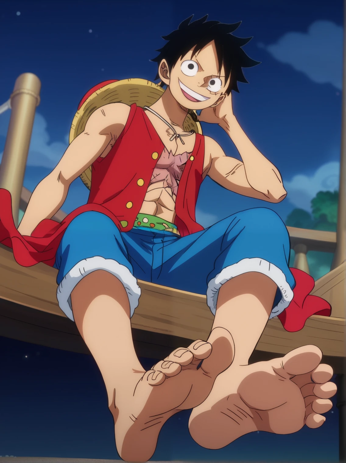 score_9, score_8_up, source_anime,
1boy, Monkey D. Luffy, black messy hair, wide smile, scar under left eye, red vest, open front, blue shorts, on the boat, sitting, night, looking at viewer, cheerful expression, cowboy shot, ANIME SCREENCAP, anime coloring, barefoot, perfect feet, anatomically correct, soles, low angle, focal length 35mm, each foot has five toes, front, symmetrical soles, foot focus