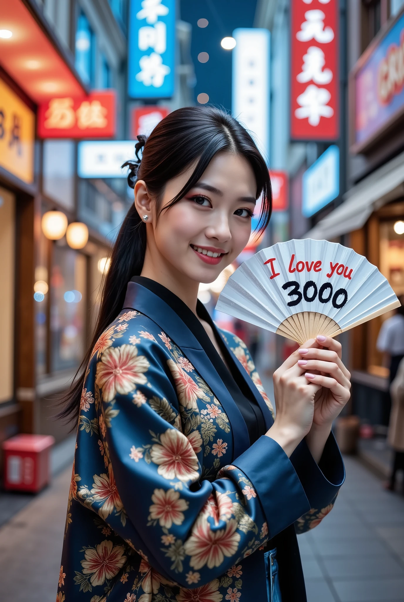 sukajan, professional photography, portrait of a Asian woman wearing sukajan and jeans, jacket, ponytail hair, gently smiling, beautiful makeup, she holding a fan with text "I Love You 3000", neon city in background, bokeh, depth of field