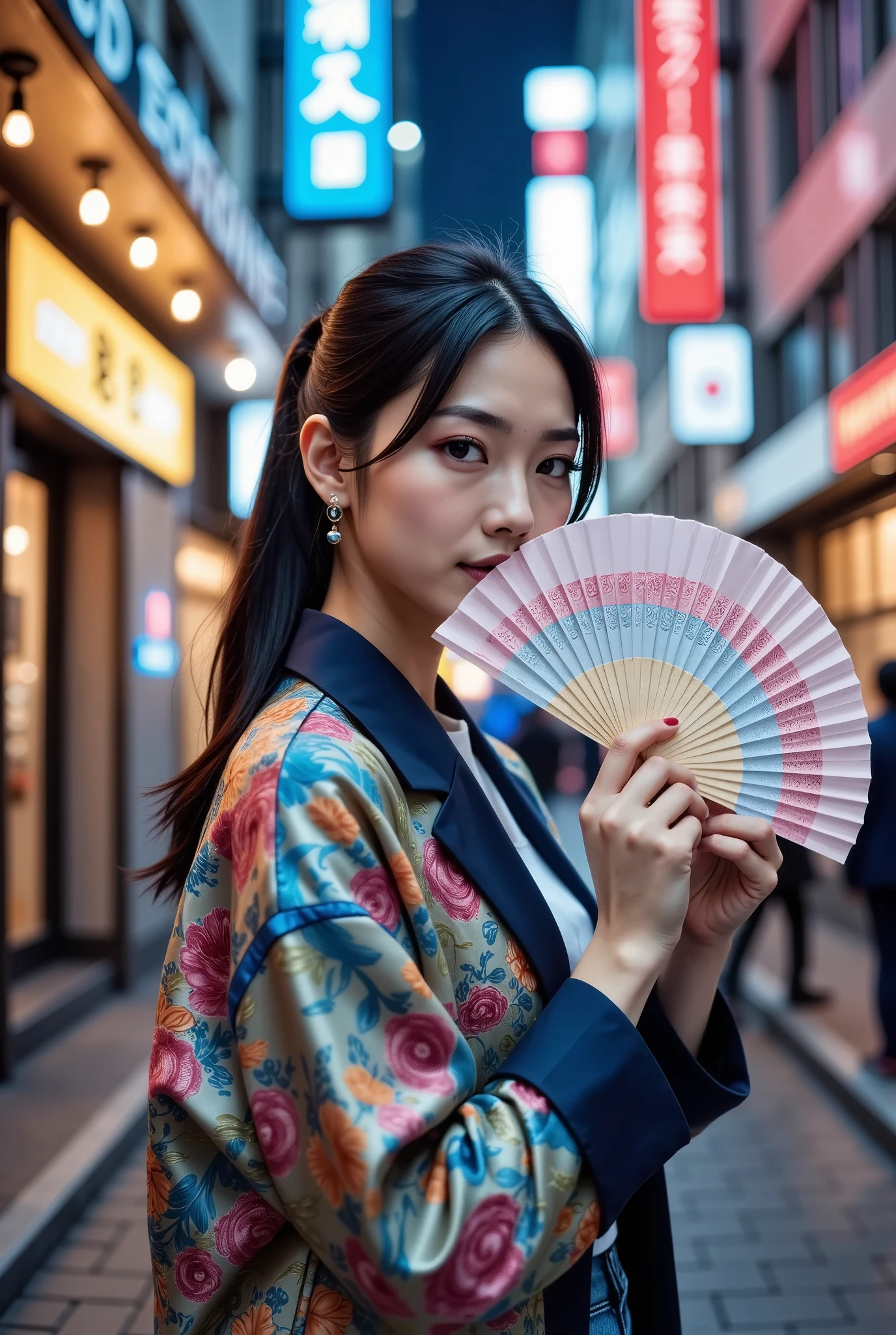 sukajan, photography, portrait of a Asian woman wearing sukajan and jeans, jacket, ponytail hair, she wear small earing, she holding a fansign with text "I Love You 3000", neon city in background, bokeh, depth of field 