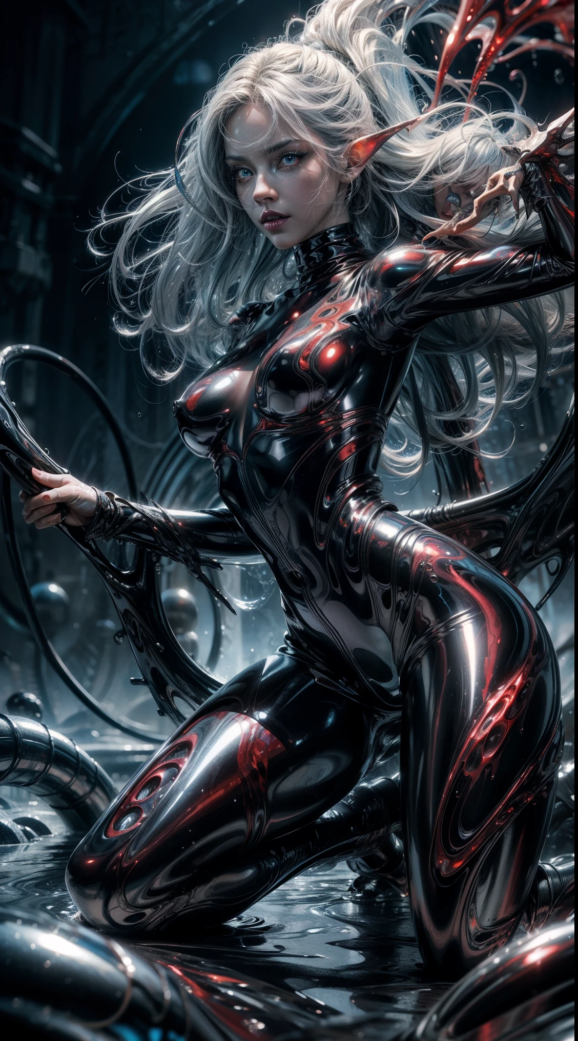 highly detailed full body portrait, erotic pose, beautiful succubus, wearing a metallic dripping liquid bodysuit, silver fluid bodysuit, red fluid bodysuit, vfx film, flowing liquids, fluidic dynamics, 3 d fluid simulation render, octane redshift, schlieren flow visualisation, swirling liquids, red and silver color palette 8k, abstract liquid, fluid simulation, ultra detailed, (masterpiece), (best quality), (detailed lighting) (anatomically correct), (hyper-intricate-fine-detailed), (beautiful-face-detailed), (beautiful-eyes-detailed), (high res), (accuracy), 8k, (raytraced), UHD