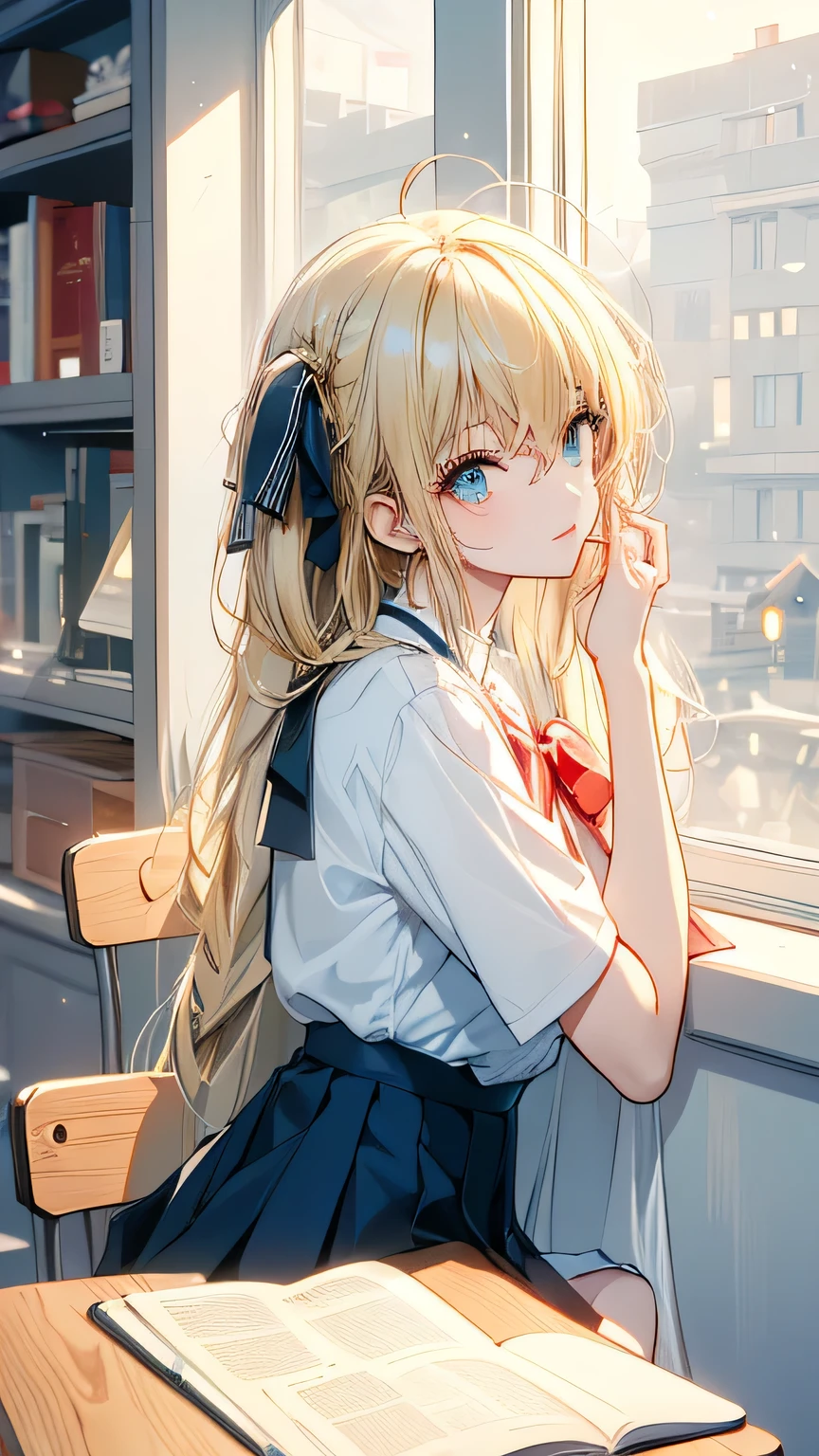 ((masterpiece, best quality,  high definition )),  1 girl , Alone, Green Eyes,  long blonde hair tied with blue ribbon,  Short Bang ,  sitting ,  cross my arms on the table , Sleeping with arms crossed,  school uniform,  white sailor suit,  red sailor color , Short sleeve,  white pleated skirt, ( in the library ),  dramatic light , By the window, afternoon light through the window, afternoon, Bokeh effect