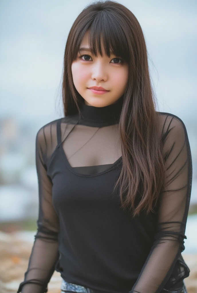 8k, RAW Photo, Best Quality, Masterpiece:1.2),(Realistic, photo-realistic:1.37), Super Detail, She is wearing tight thin fitting transparent black long sleeve turtleneck , no pants, transparent black pantyhose, cinematic lighting, ecstacy face, monotone background, facing front, smile, face close-up highlighting, dressed up to the belly button, dressed up to the neck
