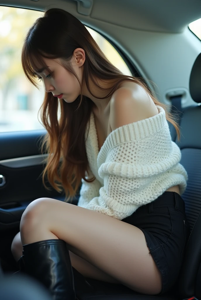 1 beautiful woman, Adult, Red hair, Outline the eyelids, Eyelids with makeup, Black skirt, White sweater, Neckline, White boots, Black bag, sleeping on the bus, open mouth, Close your eyes, Lucy Pinde.Open your legs，limp，Fell asleep，Spread your legs，Head against the window