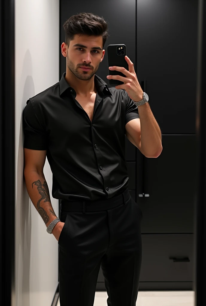 Foto real beleza masculina moda roupa preta moderna glamour luxo show alta costura homen latino atletico pedrarias brilho