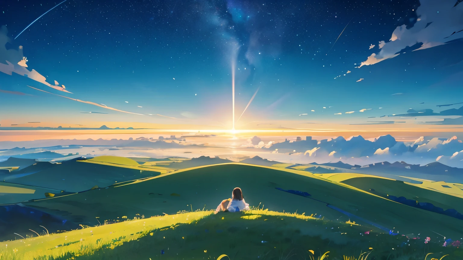 grassland。 horizon 。horizontal line。Look up at the vast starry sky。It's like heaven 。fantastic layering。It's like feeling the size of the Earth