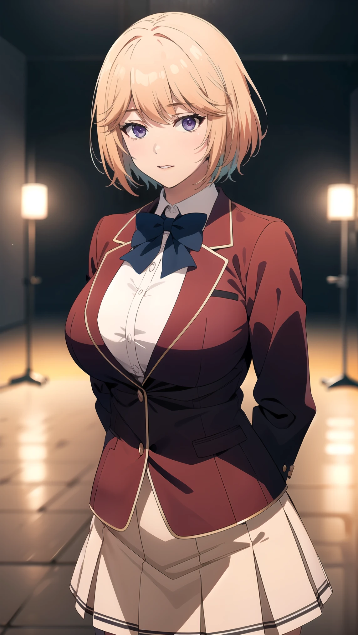 (shoujo style), ((hair detail, eyelash detail, bangs)), manhwa scene, short hair, yellow hair, purple eyes, big breasts, , blue bow tie, blazer, red jacket, long sleeves, white skirt , BREAK looking at the audience, (cowboy shot: 1.5), BREAK bright colors, natural lighting, RTX, (big breasts: 1.4), ((arms behind back)) beautiful, upper body, (masterpiece), (highest quality), best, high quality resolution, 8K, highly detailed, Digital Art, (Highly Detailed Background: 1.2), (realistic background), (intricate detail), award winning, highly detailed, ( illustration : 1.1), (cinematic lighting), soft lighting