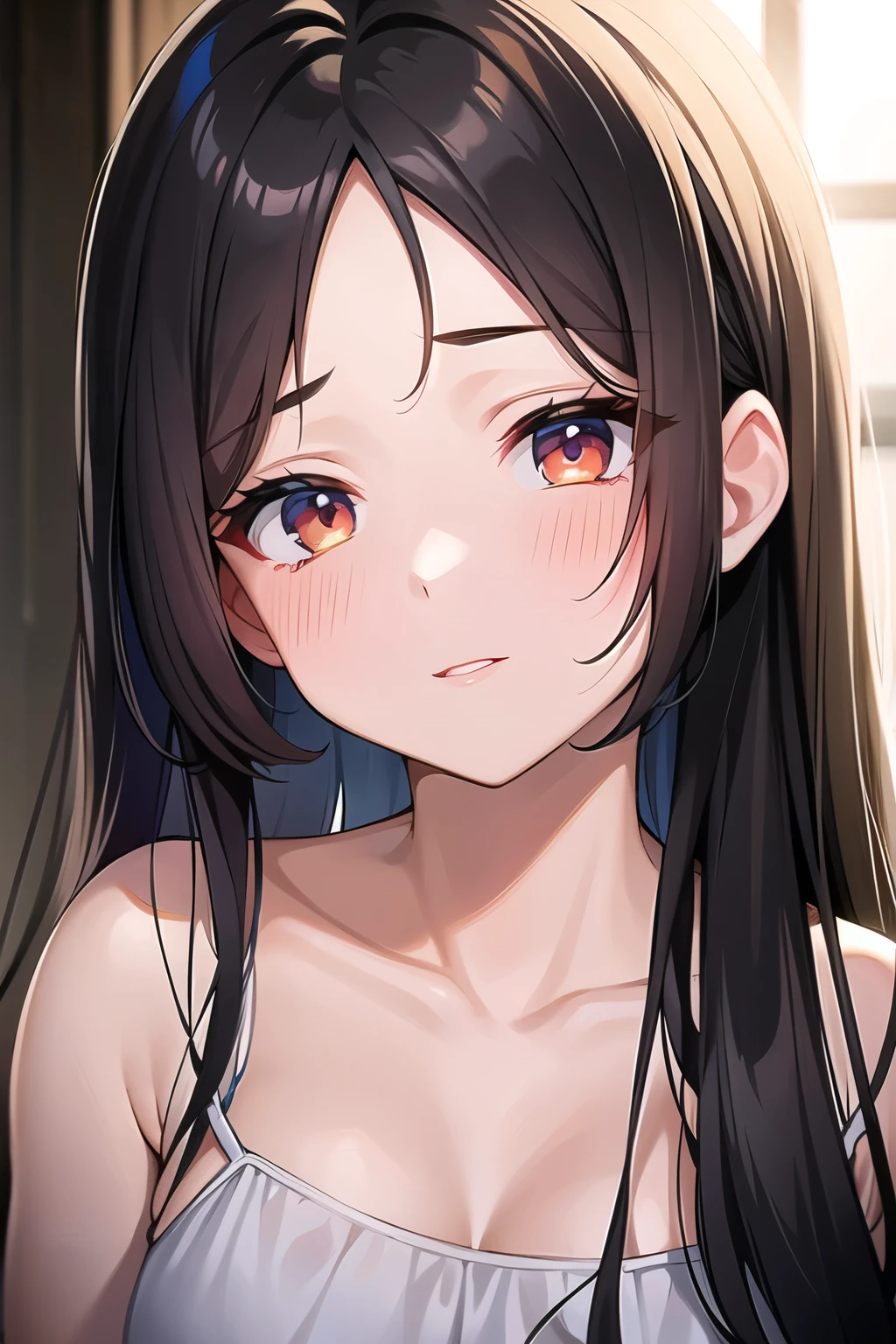 lookin at viewer, Looking up、head tilt、 Realistic, real person, (pale skin: 1.2), RAW photo, photorealistic, shiny skin, shiny hair、 (A 25-year-old woman with medium-length hair and bangs) and (wavy hair) and (brown hair) and (Orange Eyes), blush,(smile:1.5),The background is the living room at night,(black tank top)