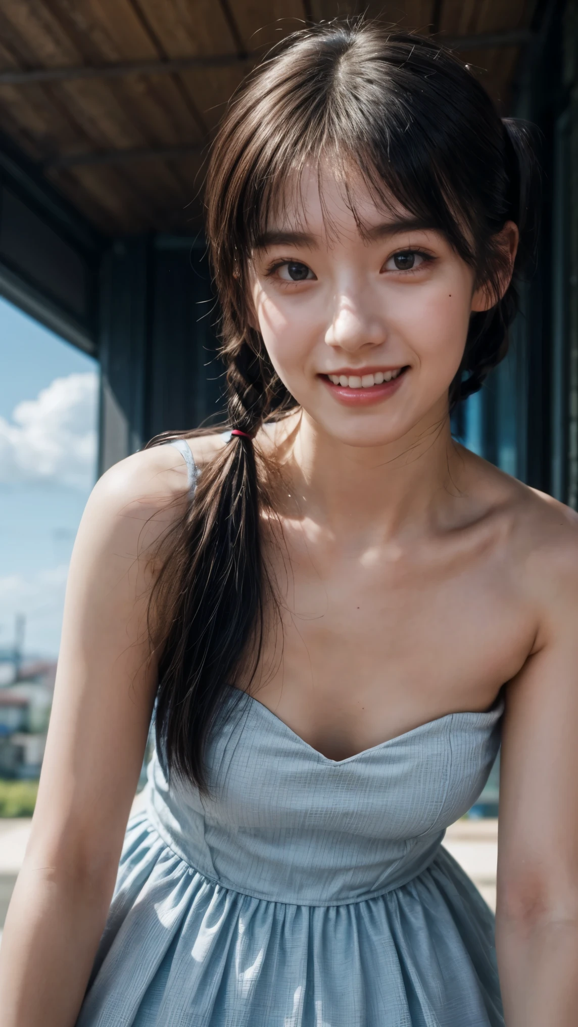 (high resolution photograph of a young Japanese female idol), (realistic, photo-realistic:1.37), (masterpiece, best quality), 8k, RAW photo, intricate details, extremely detailed, (sharp focus), cinematic lighting, gravure photography, portrait, solo, 1girl, (strapless dress, sleeveless:1.2), (face focus, close-up face, standing leaning forward, forward bending:1.5), (small breasts:1.3), dark hair, ((low-position twintails hair)), pale skin, (detailed face, detailed eyes, symmetrical eyes, beautiful pupils, sophisticated nose, big smile), open mouth, 
photo background, outdoors, urban scape, daytime, sunny, blue sky and clouds,