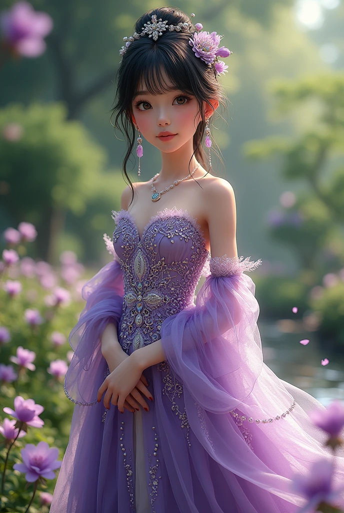 3D. Woman sitting on a swing smiling wearing a flowy purple dress with a glitter on her shoulders. She is wearing a headband and she is a short shoulder level black hair. 