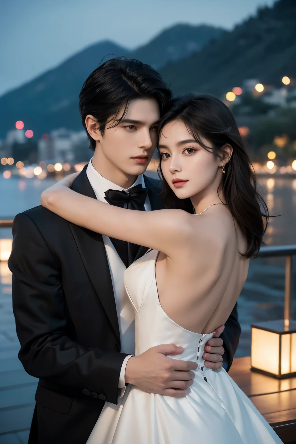 Modern. Russian coupe. A man (mature) and beautiful girl . elegant couple. Casual wear. Dark hair color. Very deatiled face. pretty eyes (perfect eyes). 8K resolution. Masterpiece, love, glowing light. Look at the viewer. white petals. Bright color.