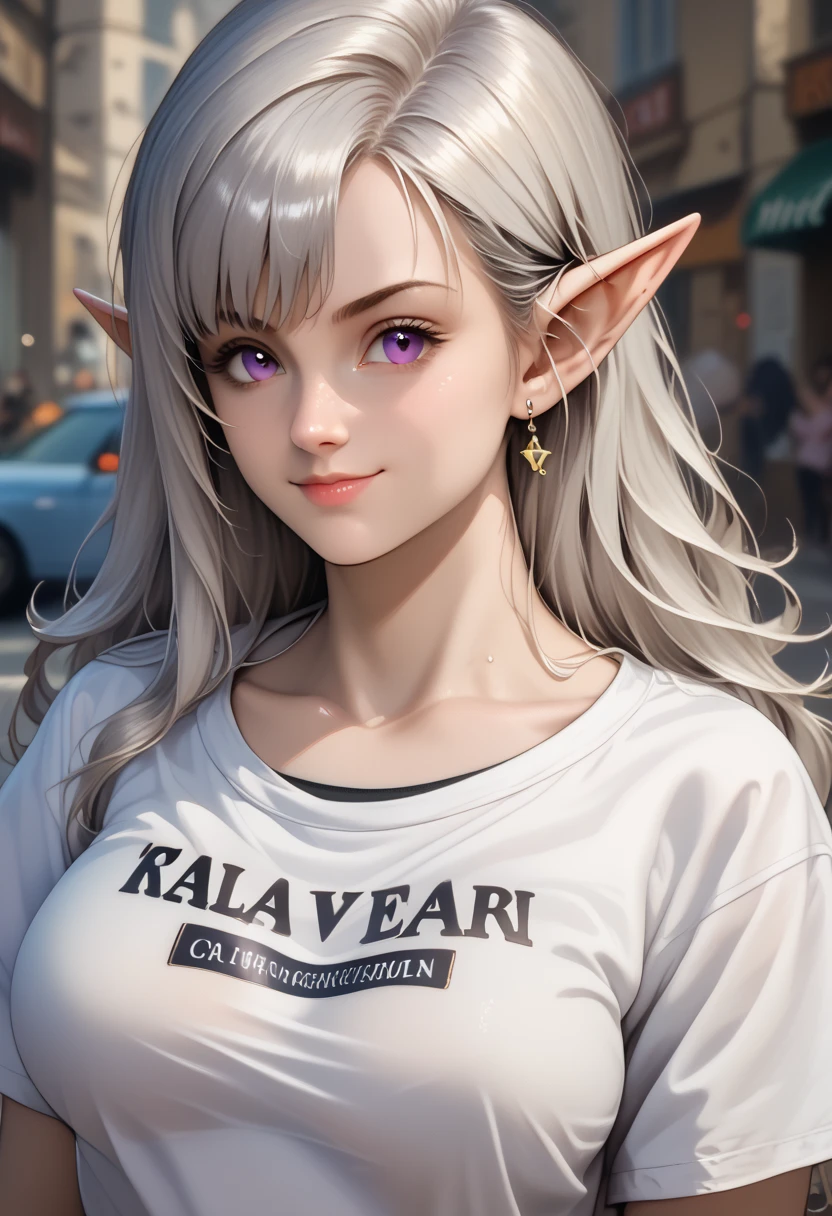 Best quality, masterpiece, ultra high res, (photorealistic:1.5), raw photo, 1girl, offshoulder, in the dark, deep shadow, low key, cold light, sexy look, white hair, short wavy hair, purple eyes, light smile, (large breasts: 1.2), white oversized t-shirt, elf girl, elf ears