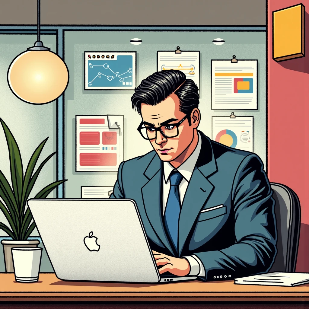 A comic-style pop-art illustration of a professional GM42 manager sitting at a desk in a modern office, focused on a MacBook Pro. The GM42 man has a Clean shaven, no beard or cheekbones, wears a sharp blue suit with a tie, and glasses, exuding confidence and competence. The workspace is vibrant and organized, with colorful charts, job postings, and documents pinned to a glass wall behind him. A potted plant adds a touch of greenery, and a coffee cup sits on the desk next to the laptop. The lighting is bright and cheerful, emphasizing productivity and creativity in a visually appealing pop-art style by Frank Miller style comic.