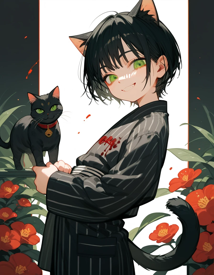 girl,Half a cat,Cat ears,Black hair, in green eyes ,Short hair,Flat chest, black long-sleeved shirt,Black yukata,With cat's tail ,There is a cat ,ronin, chainsaw blood,Evil Smile,