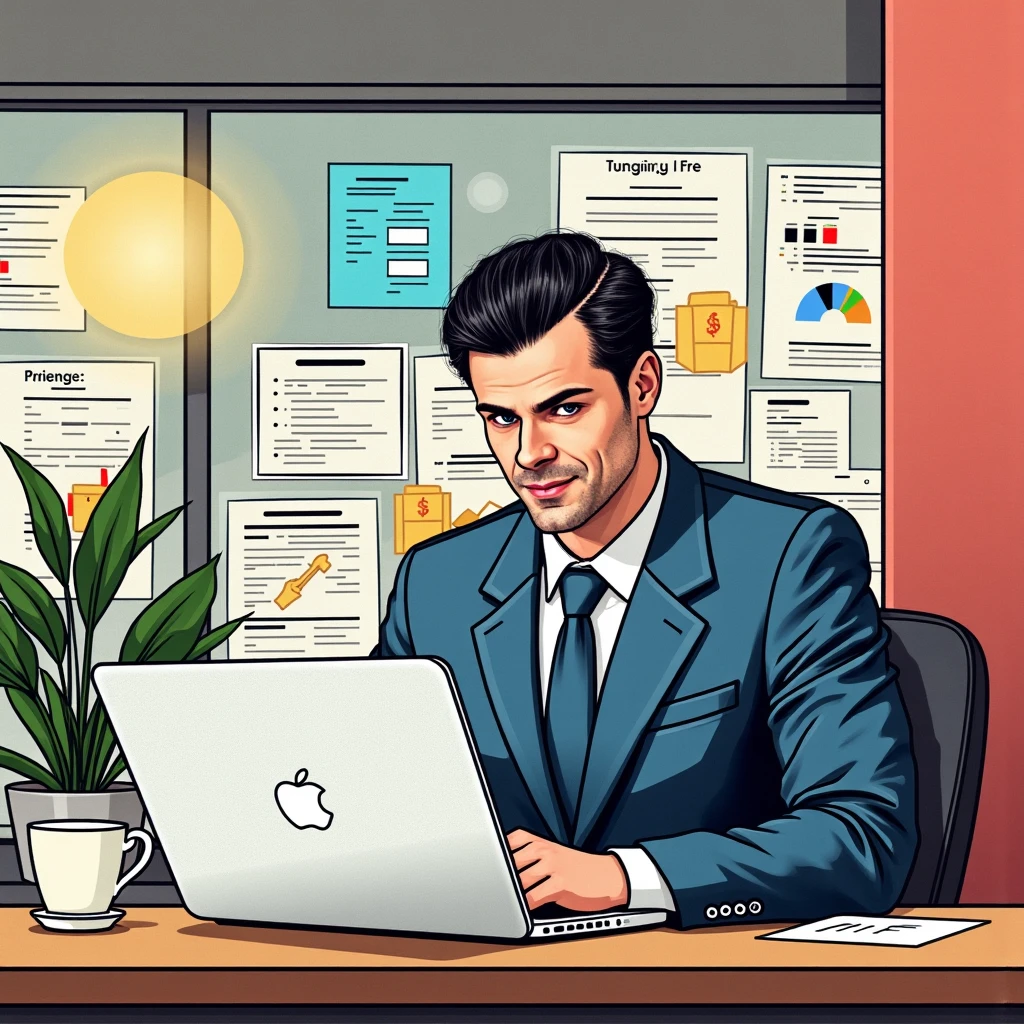 A comic-style pop-art illustration of a professional GM42 manager sitting at a desk in a modern office, focused on a MacBook Pro. The GM42 man has a Clean shaven, no beard or cheekbones, wears a sharp blue suit, exuding confidence and competence. The workspace is vibrant and organized, with colorful charts, job postings, and documents pinned to a glass wall behind him. A potted plant adds a touch of greenery, and a coffee cup sits on the desk next to the laptop. The lighting is bright and cheerful, emphasizing productivity and creativity in a visually appealing pop-art style by Frank Miller style comic.