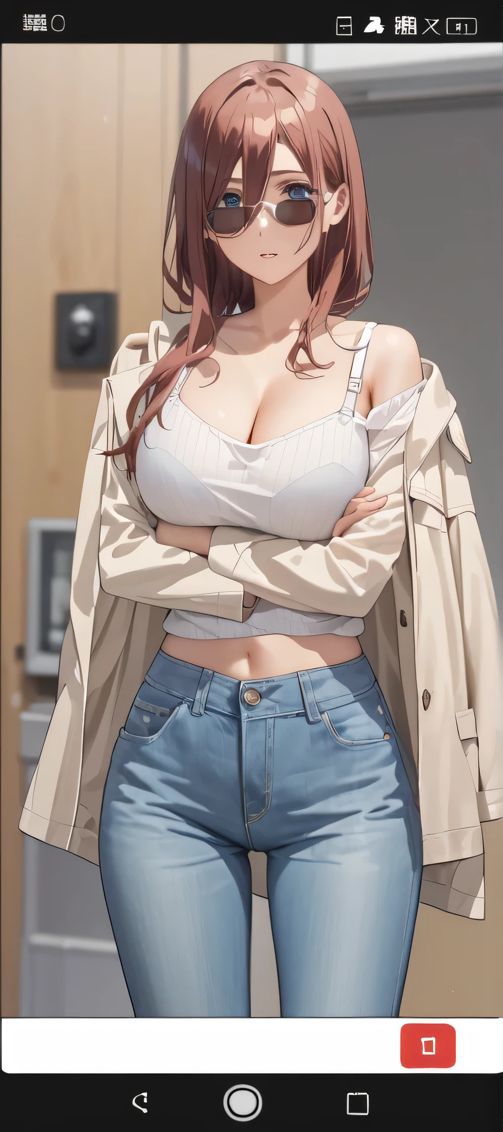 Fit girl,score_9, score_8_up, score_7_up, score_6_up,
uncensored,
1girl, miku nakano, long hair, bangs, blue eyes, brown hair, shirt, hair between eyes, huge breasts,1girl, solo, denim, crossed_arms, long_hair, pants, breasts, jeans, sunglasses, navel, midriff, jacket_on_shoulders, collarbone, jacket, shirt, coat, cleavage, long_sleeves, viewfinder, large_breasts, crop_top, cowboy_shot, standing, looking_at_viewer, mature_female, bra_strap
