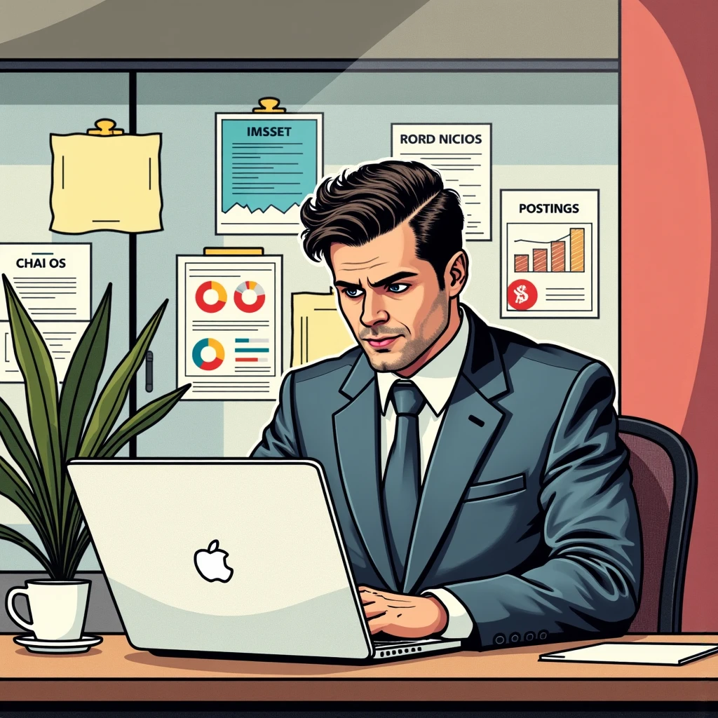 A comic-style pop-art illustration of a professional GM42 manager sitting at a desk in a modern office, focused on a MacBook Pro. The GM42 man has a Clean shaven, no beard or cheekbones, wears a sharp blue suit, exuding confidence and competence. The workspace is vibrant and organized, with colorful charts, job postings, and documents pinned to a glass wall behind him. A potted plant adds a touch of greenery, and a coffee cup sits on the desk next to the laptop. The lighting is bright and cheerful, emphasizing productivity and creativity in a visually appealing pop-art style by Frank Miller style comic.