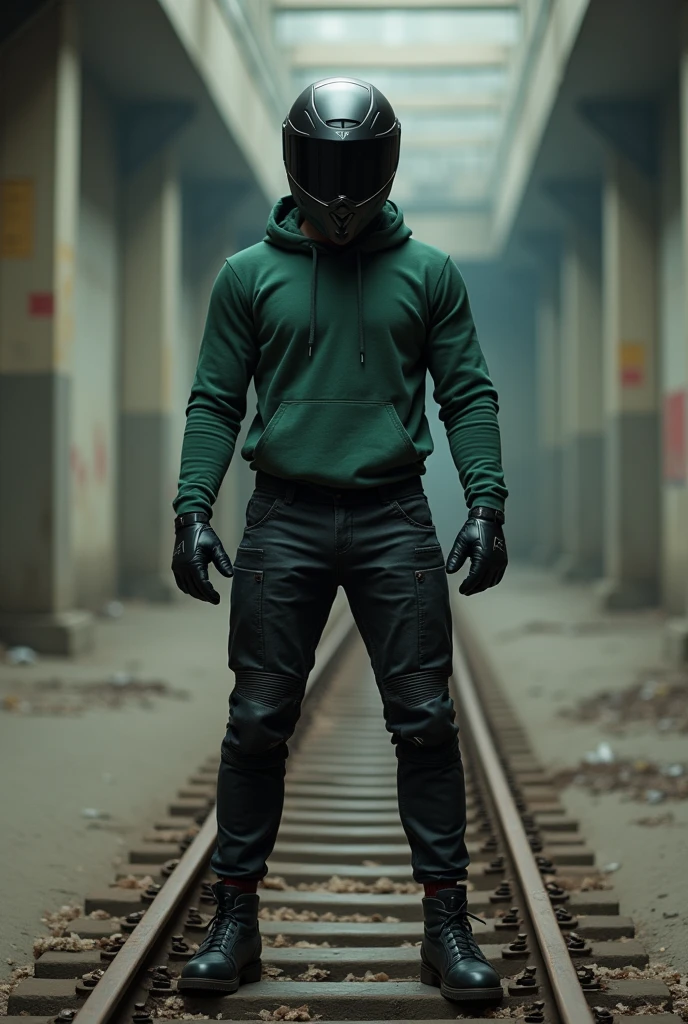 (photorealism:1.2), A surreal and striking photograph captures an exceptionally tall man dressed in a captivating and eccentric ensemble. The man wears a grey bomber jacket with mint green shoulder pads and painted lines extending towards his hand, creating a unique mint green epaulette effect. His attire is complemented by yellow gloves, a black t-shirt featuring an alien abduction scene, dark blue jeans, and white sneakers adorned with red accents. The standout piece of his outfit is a large, classic mint green latex alien mask that fully envelops his head, drawing inspiration from ancient extraterrestrial characters. A flowing green large scarf wrapped around his neck adds to the distinctive style of his ensemble, the scarf is flowting . The dreamlike background, a mesmerizing blend of abstract shapes and colors, enhances the supernatural ambiance and mysticism that envelops this captivating and otherworldly scene.
