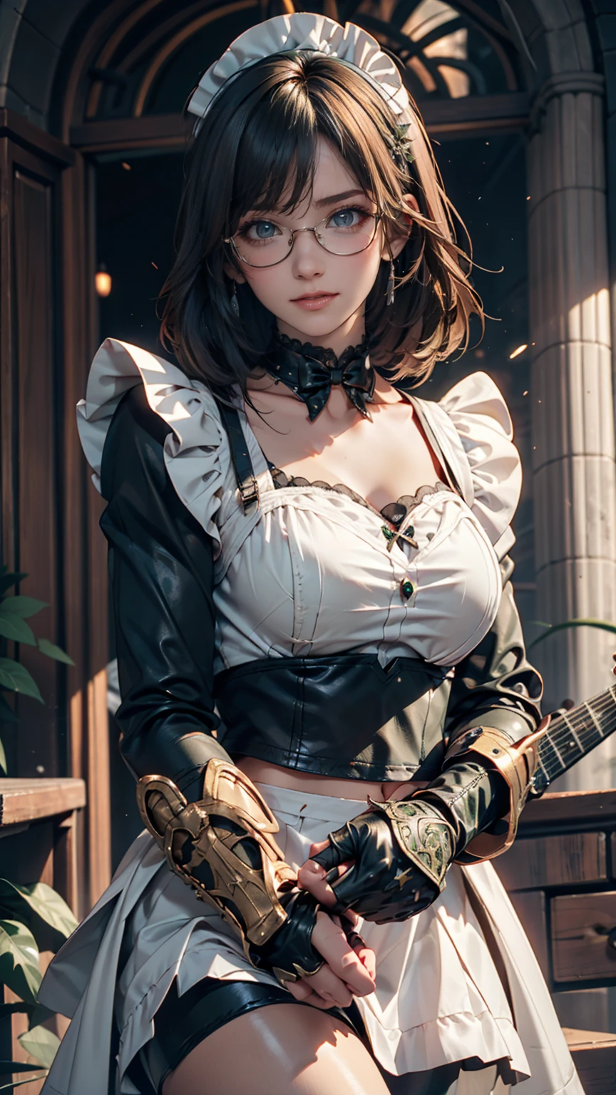 (64k, RAW photo, highres, best quality, masterpiece:2.0), (ultra-fine depiction of the detail:2.0), (realistic, beautiful, photo-realistic:1.3), 1girl, (yuri alpha), long black hair, (single braid bun), (shiny black hair, blue-gray eyes),(cool glasses), (gothic style vivid blue choker), (blue bowtie and ribbon) (simple but high-quality maid dress), (vivid dark emerald green, spiked gantlets), (solemn maid dress with gothic style coreset), (huge breasts), (elegant and handsome woman), (shiny skin, pink lips), (looking at the viewer), (closed mouth, a faint smile), (in a study room, filled with solemn atmosphere), (highly sophisticated professional HDR, with effective ambient occlusion, perfectly optimized effective spot light and front light:1.8), (perfect, natural, harmonious composition), (photo-realistic, ultra-detailed:1.5), ((only by full body shot and cowboy shot from front:1.6))