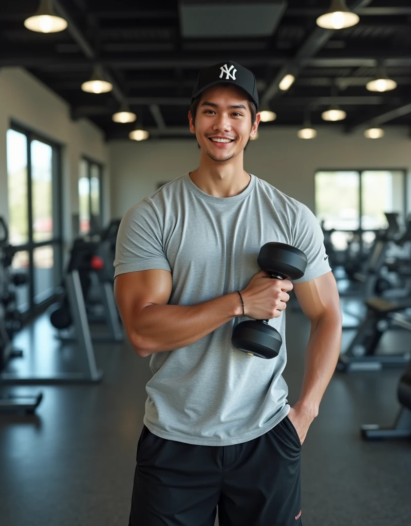 A toned Asian man with shoulder length black hair and a sweet smile. Kinda a gym guy