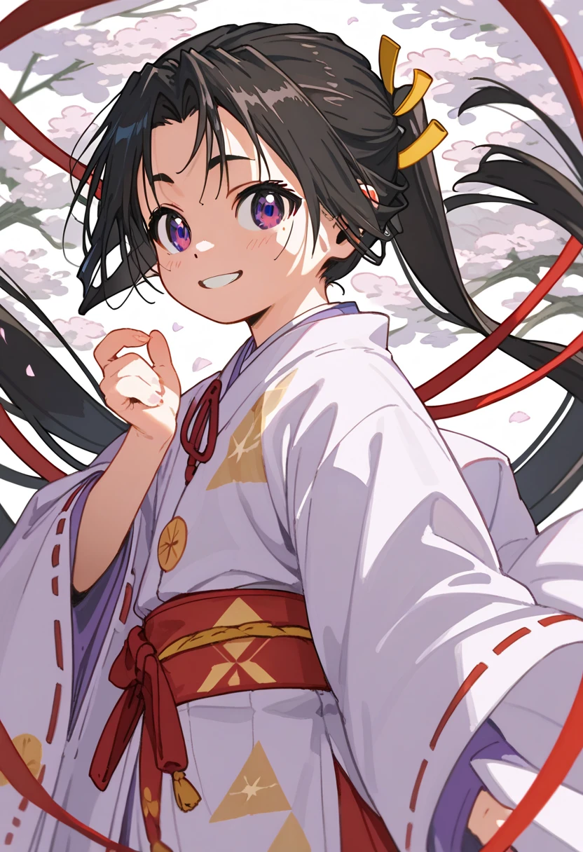 Anime,cute, smaller,Tokiyuki,1 person,Alone,  purple _eye, black_hair, kimono, red_ribbon,red面,smile,white_kimono