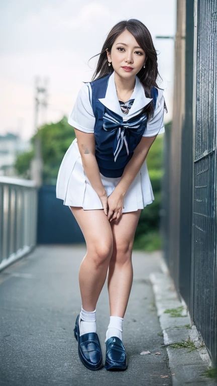 full body shot, from below,  japanese mature, (70 years old:1.1),  detailed face , Facial wrinkles, smile,  detailed skin texture ,  white skin, (curvy body,  plump thighs:1.5), ( school uniform,  sailor suit , JK_style, short-sleeved JK_sailor,  Navy Blue Pleated Miniskirt, bow tie, earrings,  Necklaces :1.2), (Short socks,  wearing loafers :1.2), ( full body shot from toe to head wearing black high heels,  standing on the seaside :1.2), ( surrealism, best quality, ultra detailed, absolutely resolution, 8k, anatomically correct), depth of field, looking at viewer, tachi-e, (gal.safetensors), (bimajo ), full body, (from below)