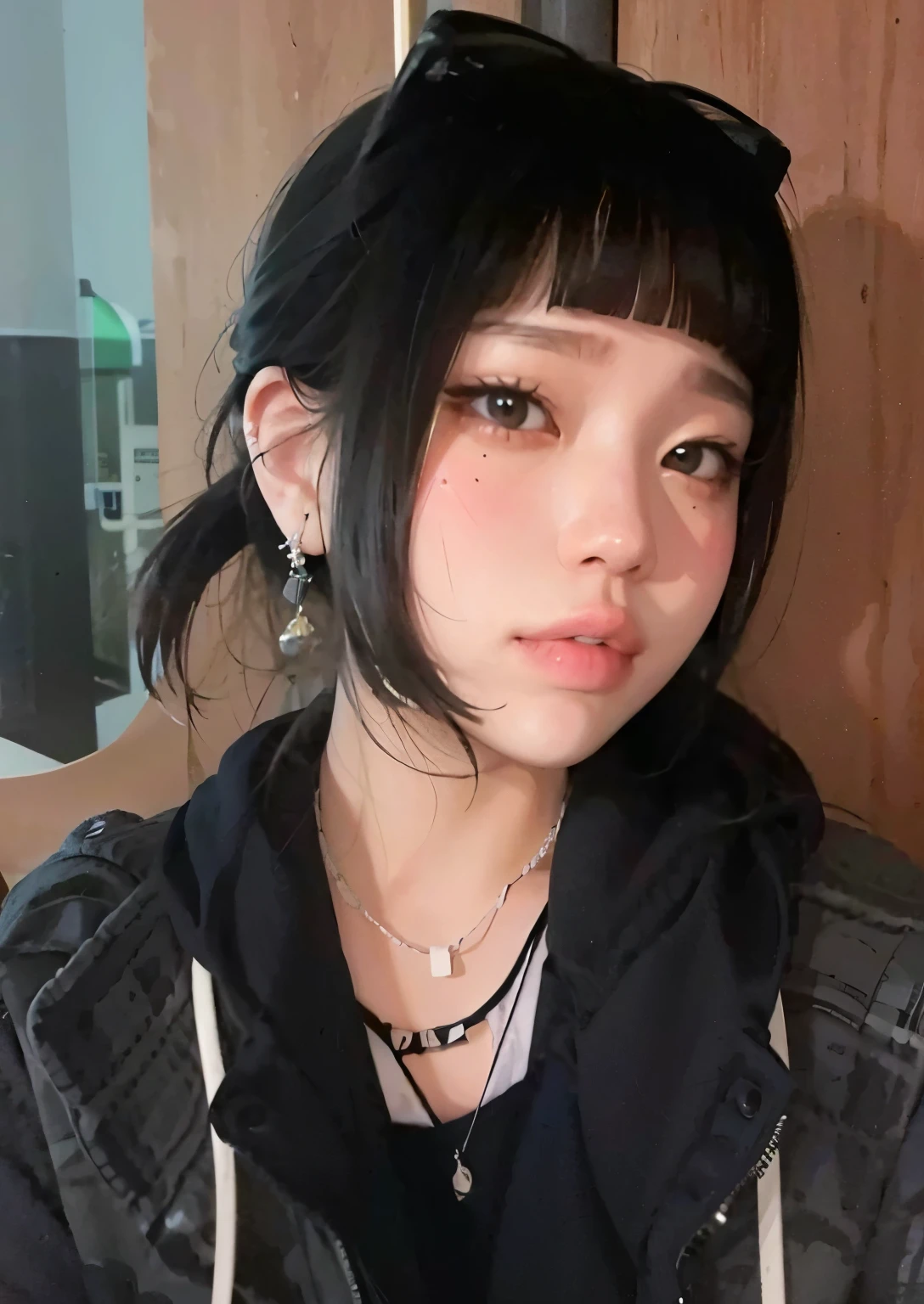 ((Lisa from Blackpink)), t-shirt, tiny pleated skirt, waist-high black tights, high heels, face close-up, very fair skin, short hair, wavy hair, camp, forest, photorealistic, indirect lighting, volumetric light, ray tracing, hyperdetailed, best quality, high resolution, HDR, 8k
