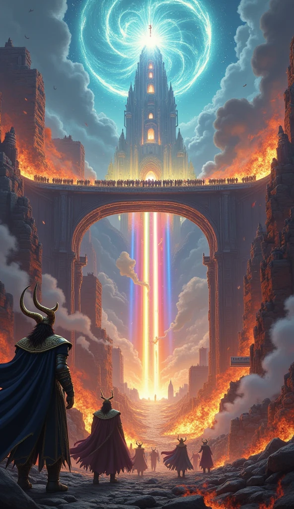 crystal-clear rainbow color transparent bridge, connecting the sky-land\(Asgard,heaven, many Æsir gods) and earth\(Midgard,the world of human, many jotuns rushing to rainbow\). on the rainbow Heimdall\(God,man, golden teeth,white skin,holding beautiful horn\) and Loki\(god, very beautiful man,evil smile\) are in dynamic fight. Ragnarök. everywhere burning ruinous heavy fire.dynamic camera works.