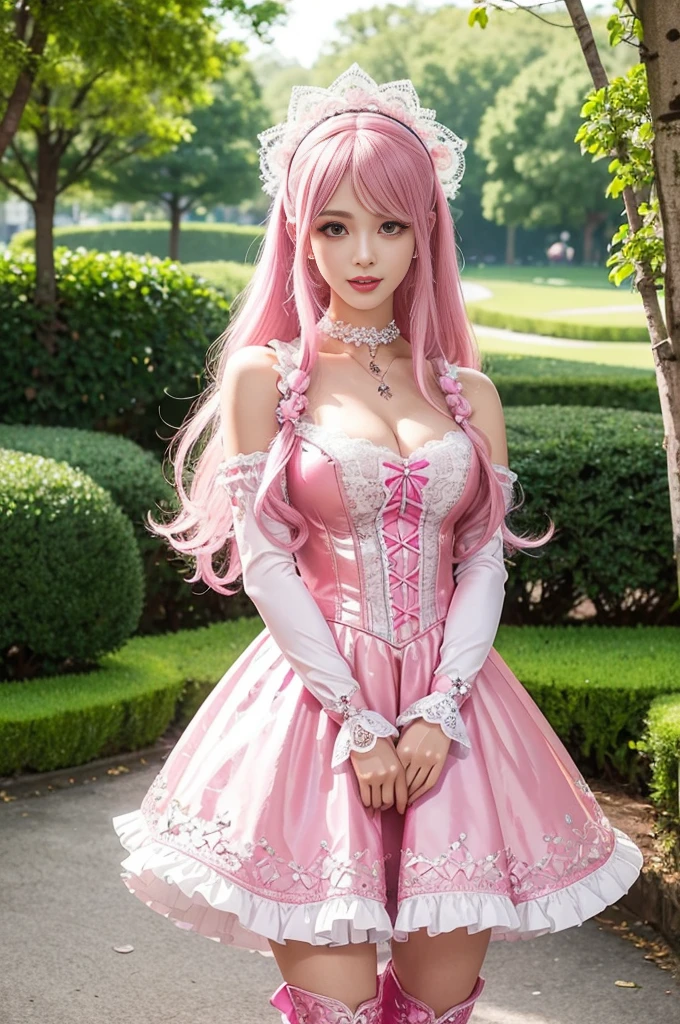 sexy stylish Swedish model, only 1 female, ((doll-like appearance)), long neon pink stylish hair, ((shiny Victorian-Style boots)), beautiful smile, ultra detailed eyes, vivid eye makeup, lipgloss, long lashes, defined eyebrows, ((sexy Paradise Kiss cosplay)), bell-shaped skirt, petticoats, high neckline, puffed sleeves, (( ultra detailed lace)), ((ultra detailed embroidery)), intricate details, Paradise Kiss accessoires and matching headpiece, choker, ((large sparkling Paradise Kiss jewelry)), cinematic light, detailed large park background with trees