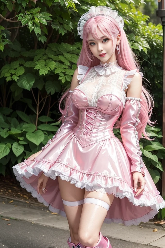 sexy stylish Swedish model, only 1 female, ((doll-like appearance)), long neon pink stylish hair, ((ultra detailed Victorian-Style boots)), (big smile), ultra detailed eyes, lipgloss, long lashes, defined eyebrows, ((sexy Paradise Kiss cosplay)), bell-shaped skirt, petticoats, high neckline, puffed sleeves, ((ultra detailed lace)), ((ultra detailed embroidery)), intricate details, Paradise Kiss accessoires and matching headpiece, choker, ((large sparkling Paradise Kiss jewelry)), cinematic light, detailed large park background with trees
