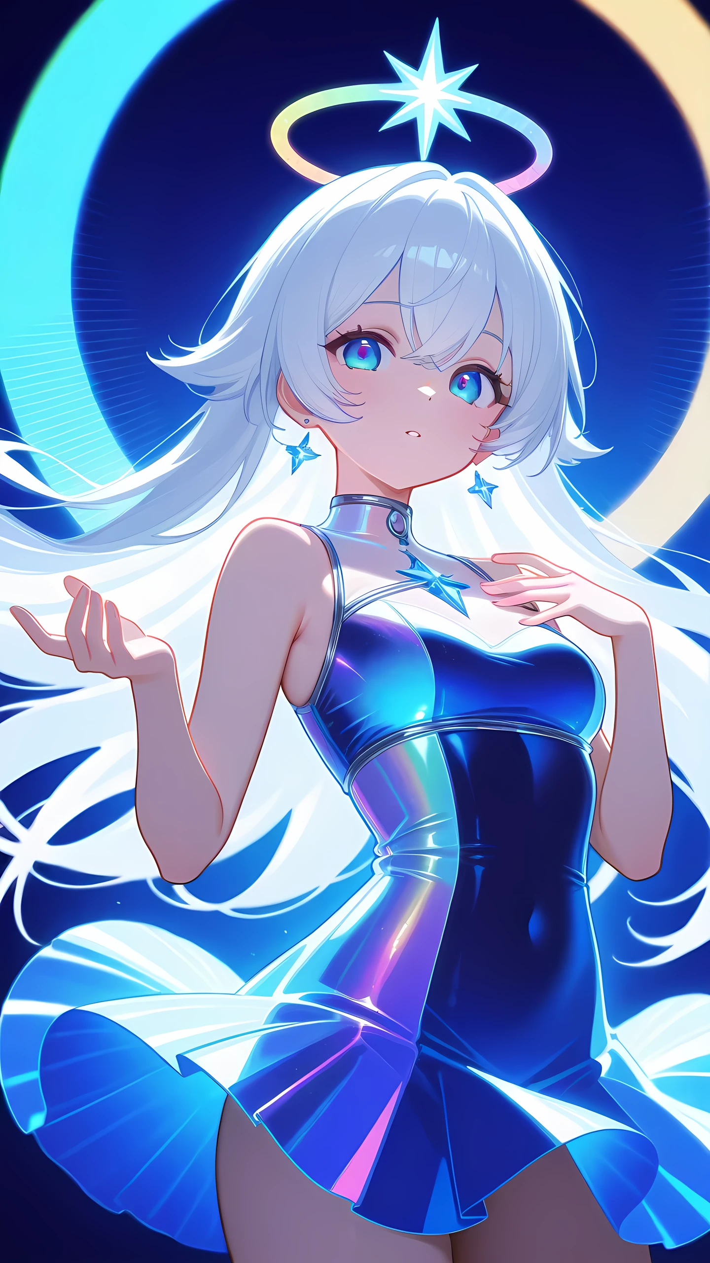 (Masterpiece, best quality:1.2), 1girl, transparentcolorvinylclothing, transparentcolorPVCclothing, chromaticaberration, prismatic, holographic, White hair,