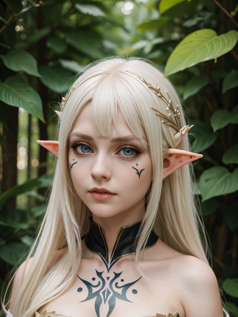 (best quality), 1girl, Female, pale skin, platinum blonde hair, very long hair, parted bangs, hazel eyes, big eyes, perfect eyes, elf, fantasy outfit, red face tattoos, small bust, fantasy universe, masterpiece, anatomically correct, highres
