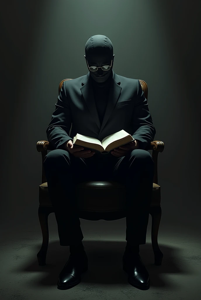 A man wearing black suit black glasses and mask sit on chair reading book night