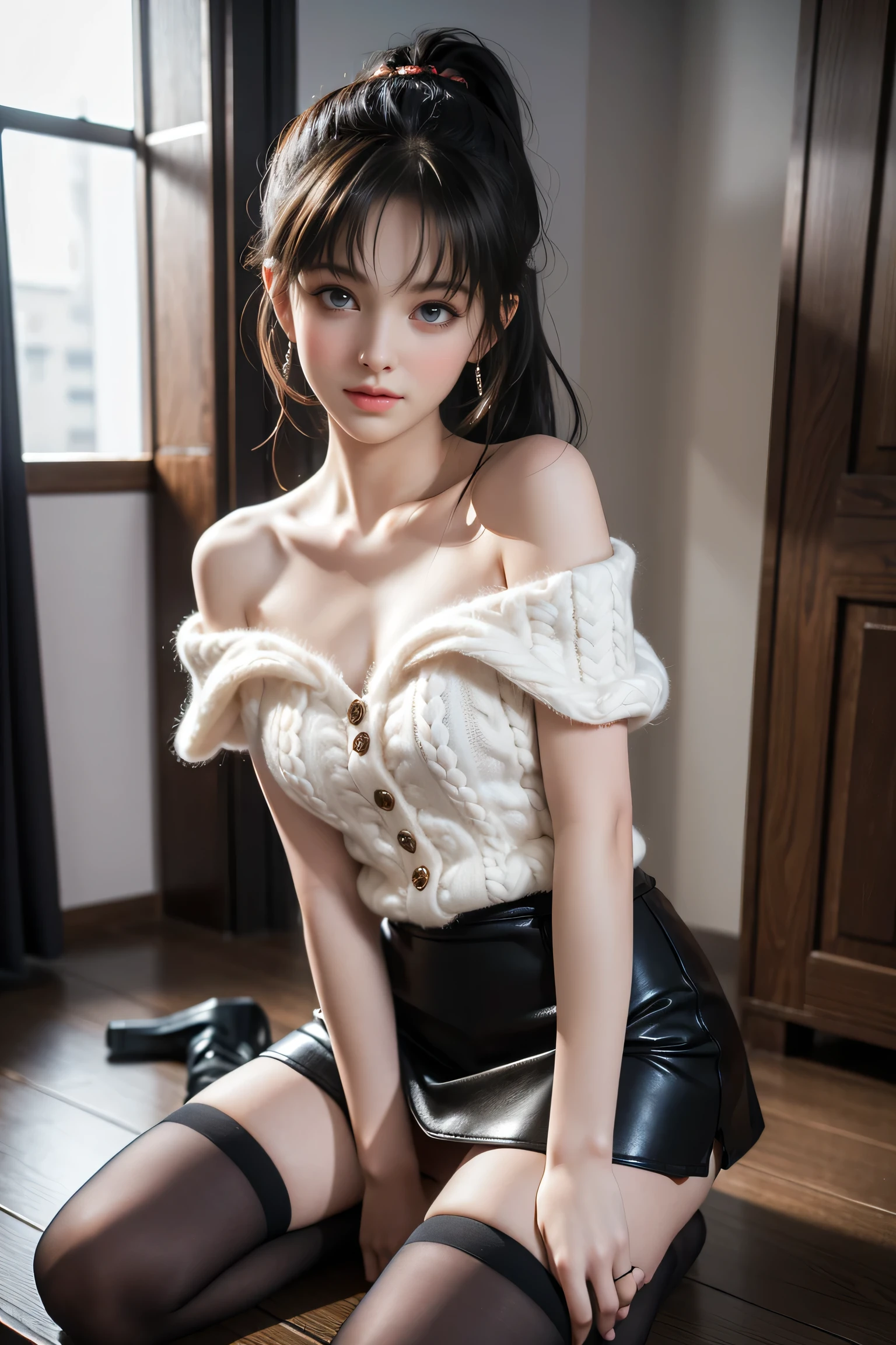 (Office changing room),(8k、 RAW photos 、 best quality、masterpiece:1.2)、( real、Photo-realistic:1.37)、 Very detailed、 ultra high resolution、 1 girl 、beautiful exquisite face、smile、narrow、(( off-the-shoulder white hand knitted sweater showing lower chest、Show the lower part of the chest、 sleeveless))(( Black Leather Miniskirt )) 、 stockings、 high heels、(narrow waist:1. 3)、 full body shot、beautiful、 、 skin texture、Floating hair、 professional lighting、(8k、 RAW photos 、 best quality、masterpiece:1. 2)、( real、 real:1. 37)、 Very detailed、 ultra high resolution、 1 girl 、Viewers、 beautiful て濃い顔、daughter、 Small Waist 、( Small Waist ),beautiful 、 skin texture、Protruding fur 、 professional lighting、human body、中華料理店で Wakino を上げる、 Wakino を見せて、 laughs、 Cute Ponytail 、 Beautiful lighting from the front 、 from the front、 Wakino 、 Hosts 、hara 、 Wakino 、Show your side、(( lower chest are visible )) sleeveless、upper armを見せる、upper arm、 raise your hand、Hosts