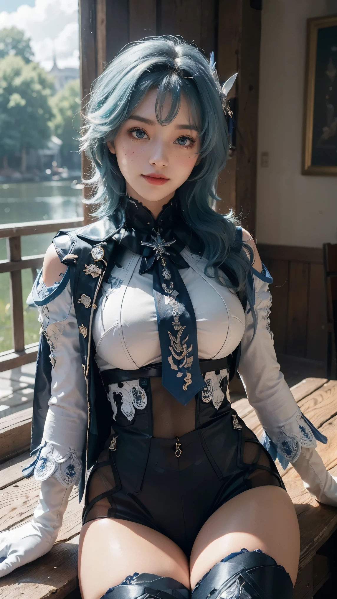 Eula Lawrence,(best qualityer,4K,8k,high resolution,work of art:1.2)(weather: cloudy), Mondstadt lake background, tavern, freckles, blue cape, backless black leotard, white top, white sleeves, blue necktie, black gloves, blue stockings, thigh-high boots, snowflake embroidery, short curly hair, light blue hair, teal hair, ultra detailed,realisitic,portraite,beautiful detailed yellow eyes, glowing eyes,blush,beautiful detailed lips,extremely detailed eye and face, long eyelashes,sexly,average, large breasts,beaming smile, sexy smile,powerful girl, flirty pose, stunning curves,bright coloured,dramatic lighting, beer mug, sitting,