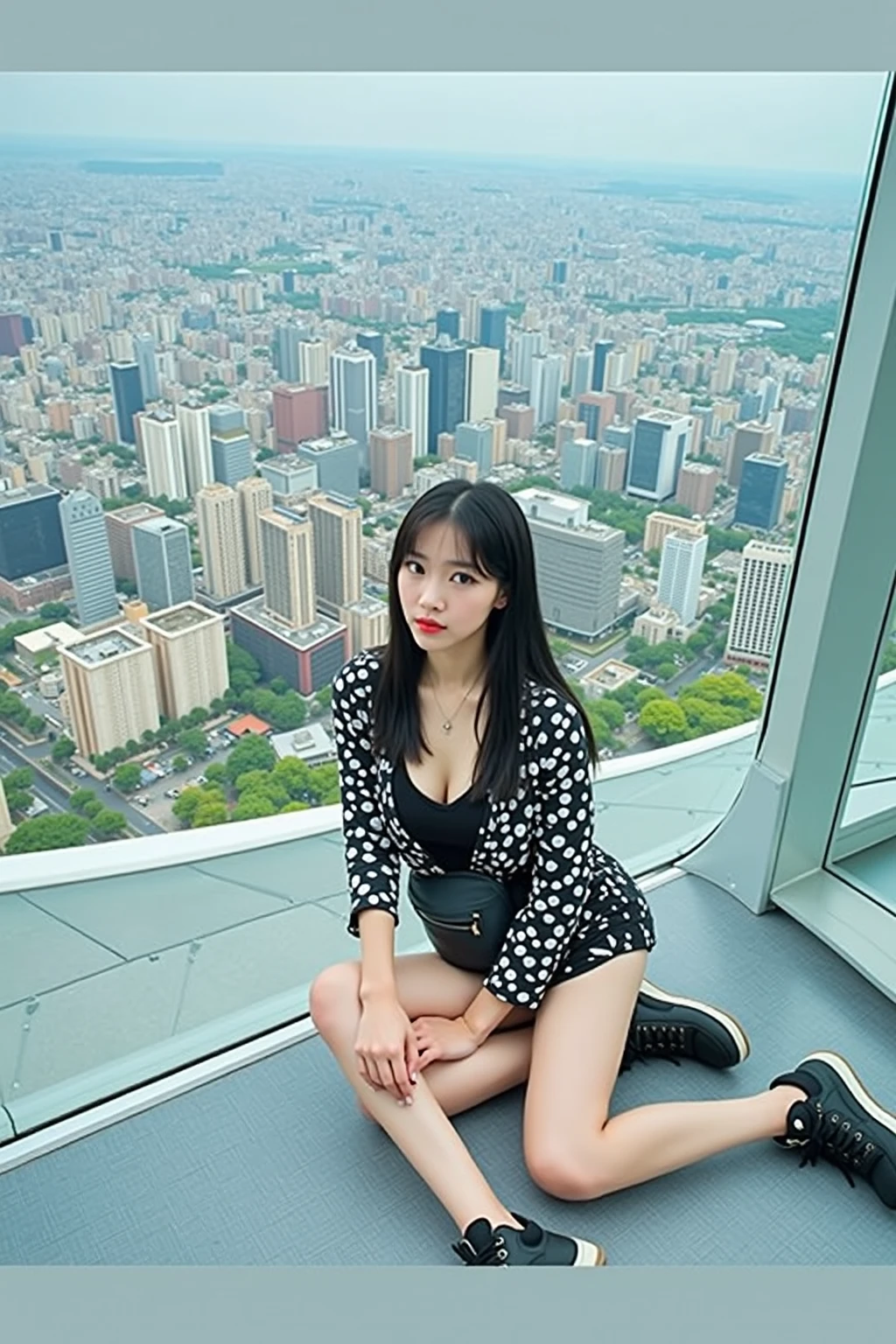 a korean woman panty look, whose height is 10000000 kilometers, at the nano-sized miniature endless city of micro-sized endless continent world, she kneel down on top of a lot of nano-sized buildings which are much smaller than her, she feel happy and enjoy