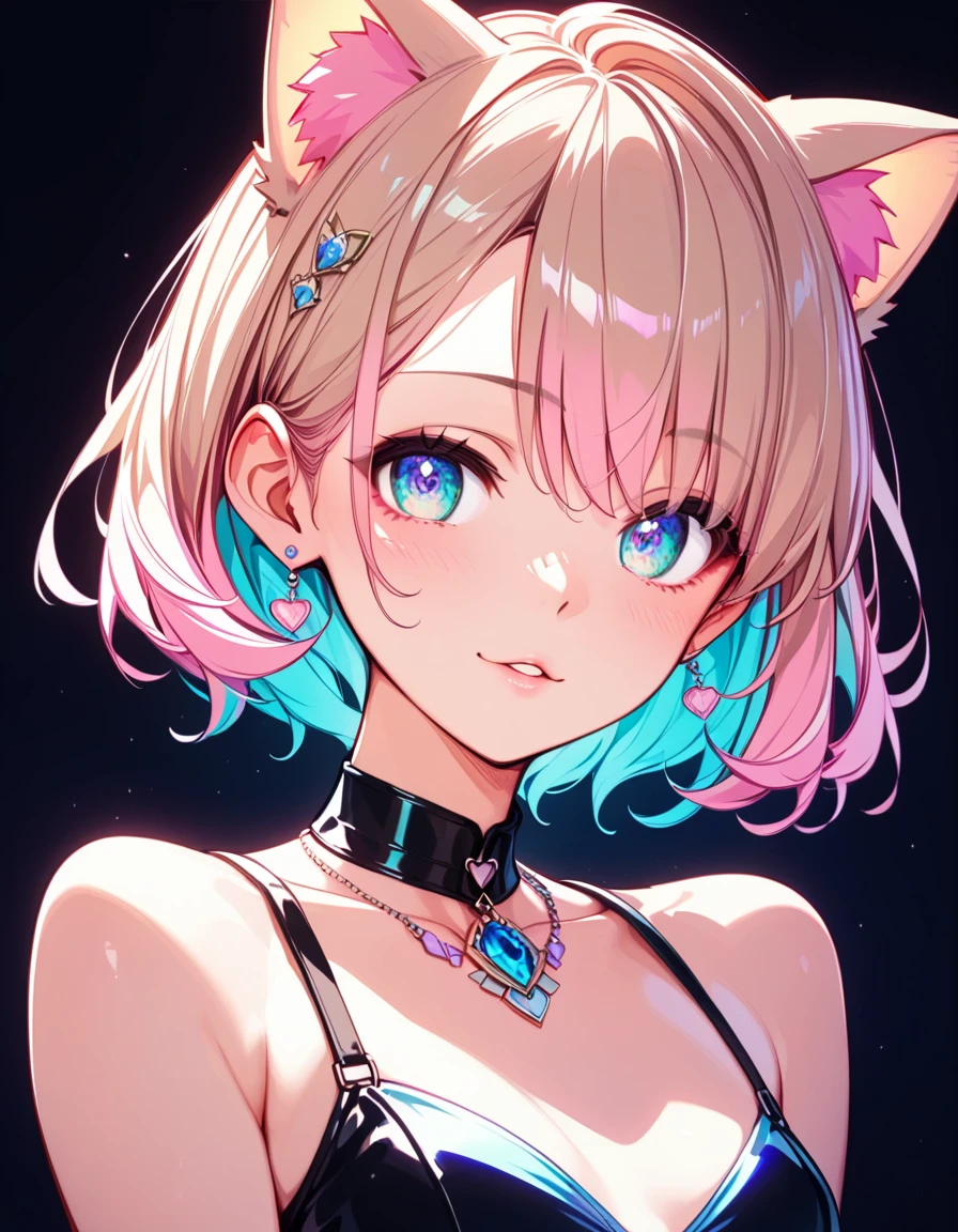  High image quality 、        High Quality       、         girl with cat ears      、         salmon beige hair    、 pastel pink inner color、Beige ears 、 medium hair   、  Rob    、    The hair is beige and pastel pink、     turquoise eyes  、  short、       small breasts、      small breasts、  、       face close-up       、       girl with her cheeks on the ground    、        、       high heels 、  cat ears、    simple background