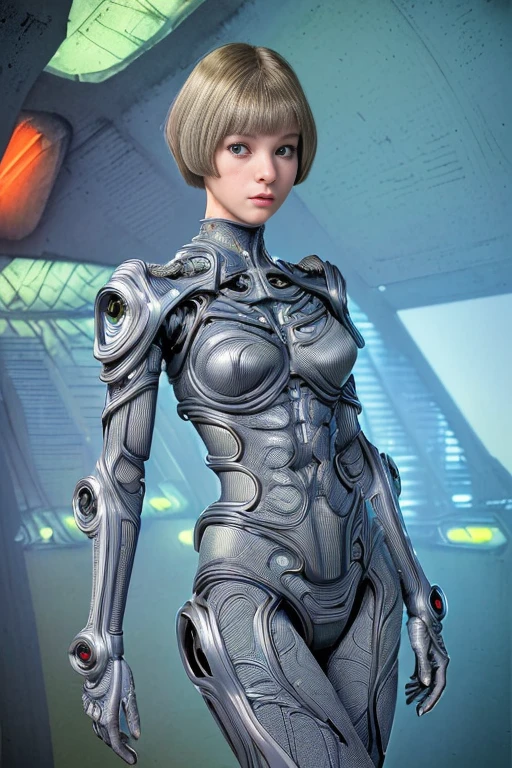 reset, (masterpiece, high quality, intricate details, realistic:1.3), (whole body), (A girl in a poweredsuit), perfectly beauty face, short hair, Slim body、Thin chest、Exoskeleton, Muscles made of wire, metropolis, 60's sci-fi movie 、 pastel colors、 Retrofuture、designed by Syd Mead, nsfw, high resolution film