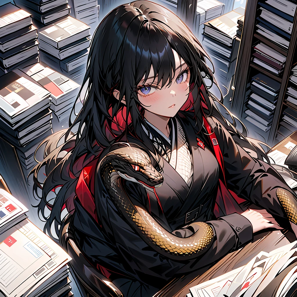 ((masterpiece)),8k, best quality,Detailed description ,((female)), Long hair like ebony , perfect body ,( Beautiful Face ), big eyes that tear,((Snake eyes )), pants with the upper body removed ,Dark circles , black suit ,office,(( I'm sitting in a chair )),(( Many documents are piled up on my desk)),